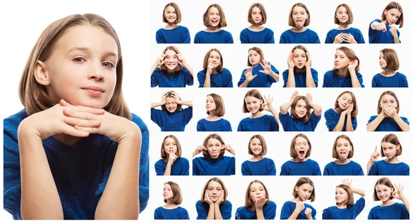 Sada Různých Emocionální Obrázků Dívenky Close Bílé Pozadí — Stock fotografie