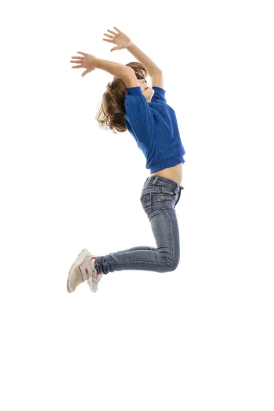 Roztomilý Dospívající Dívka Skoku Izolované Bílém Pozadí — Stock fotografie