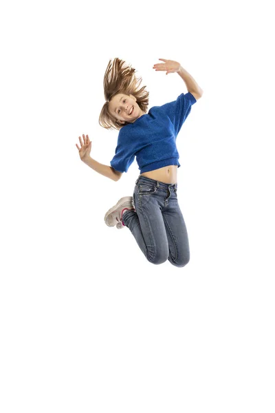 Linda Chica Adolescente Salto Aislado Sobre Fondo Blanco — Foto de Stock