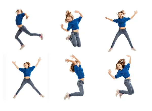 Menina Adolescente Bonito Salto Colagem Isolado Fundo Branco — Fotografia de Stock