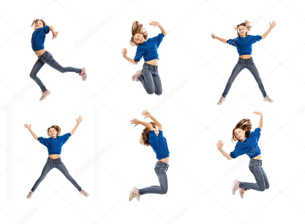 Cute teen girl in a jump, collage, isolated on white background