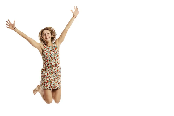 Schattige Lachende Jonge Vrouw Een Sprong Geïsoleerd Witte Achtergrond — Stockfoto