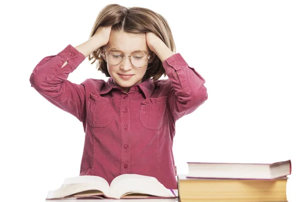 Tiener Meisje Met Bril Leert Lessen Geïsoleerd Witte Achtergrond — Stockfoto