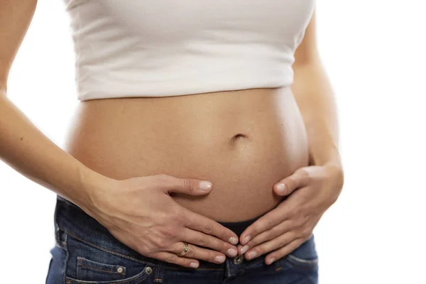 Body Care Pregnancy Diet Concept Female Hands Abdomen Isolated White — Stock Photo, Image