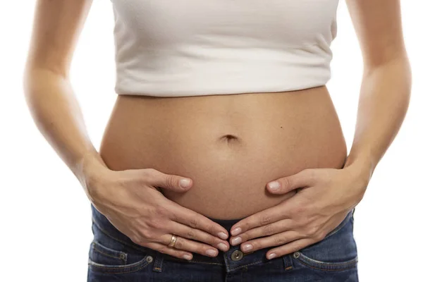 Cura Del Corpo Gravidanza Dieta Concetto Mani Femminili Sull Addome — Foto Stock