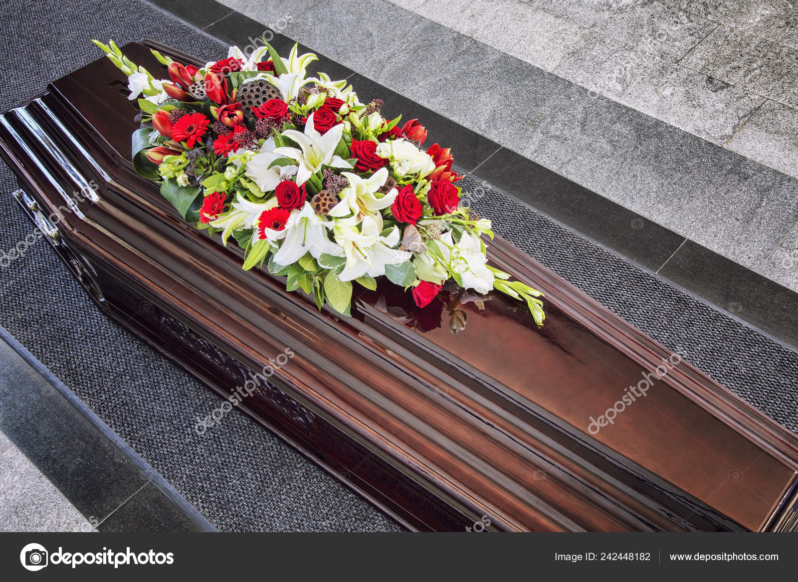 Funeral Beautifully Decorated Flower Arrangements Coffin Close Stock