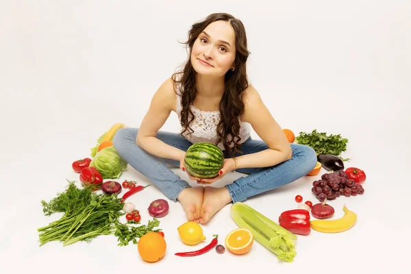 Young Woman Fresh Various Vegetables Fruits — Stock Photo, Image