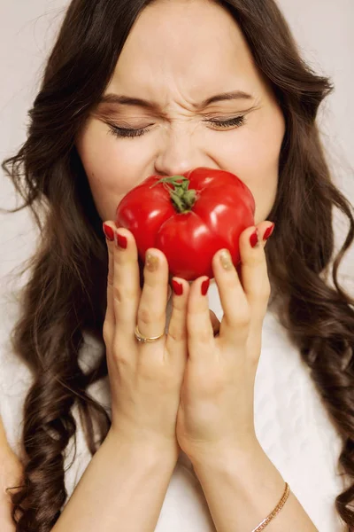 Young Woman Holding Ripe Juicy Tomato Hand Close — Stock Photo, Image