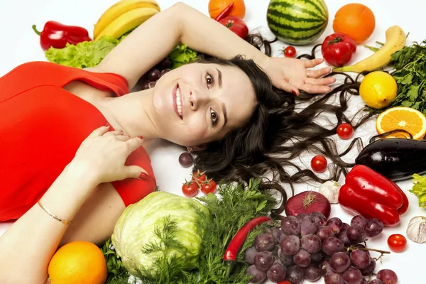 Young Woman Fresh Various Vegetables Fruits — Stock Photo, Image