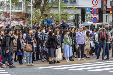 Japonya, Tokyo, 04/12/2017. Trafik ışıklarında duran kişilik bir kalabalık