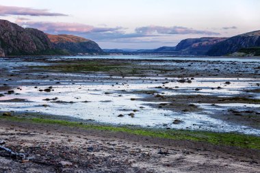 Deniz, dağ manzarası güzel pembe günbatımı