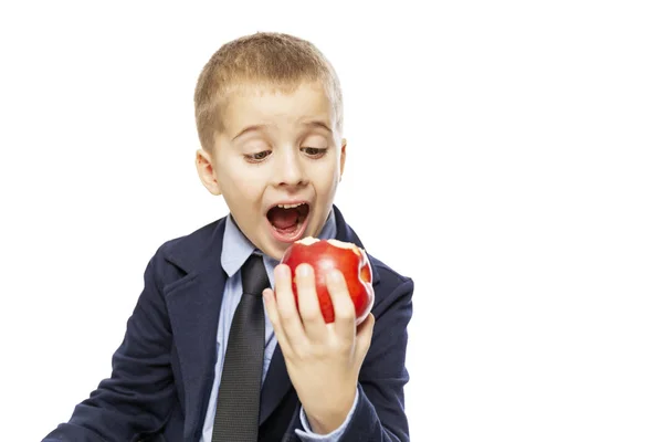 Uczniak Jeść Jabłko Zbliżenie Białym Tle Białym Tle Zdjęcia Stockowe bez tantiem