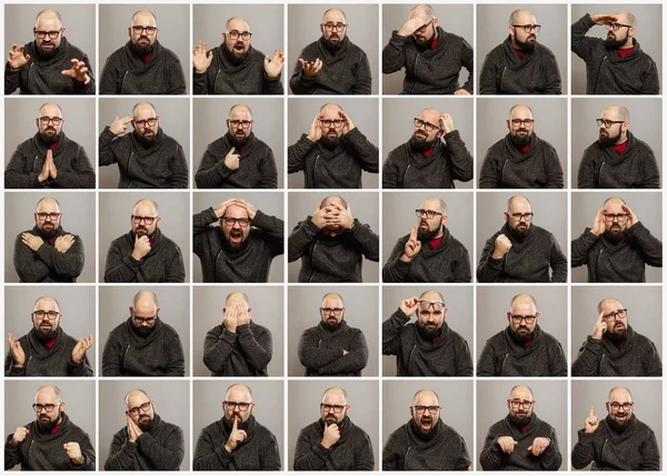 Bald Young Man Glasses Set Different Emotions Collage — Stock Photo, Image