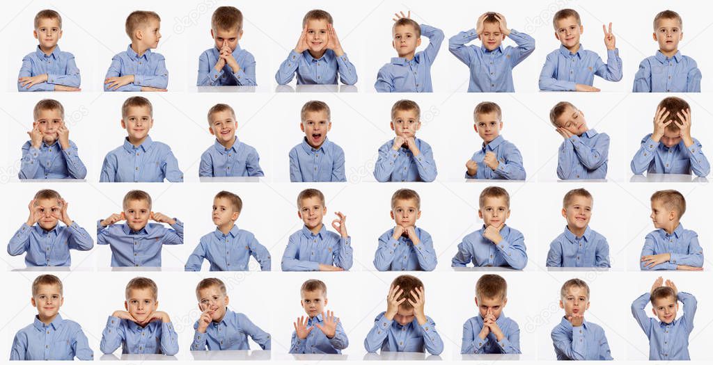 Cute boy, set of different emotions, collage on white background