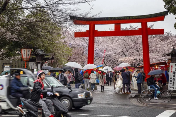 Japón, Kioto, 04 / 07 / 2017. Puerta al parque japonés con flores de cerezo — Foto de Stock