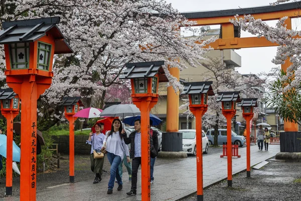 Japón, Kioto, 04 / 07 / 2017. Puerta al parque japonés con flores de cerezo — Foto de Stock