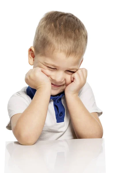 Niedlicher kleiner Junge lacht, isoliert auf weißem Hintergrund, senkrecht — Stockfoto