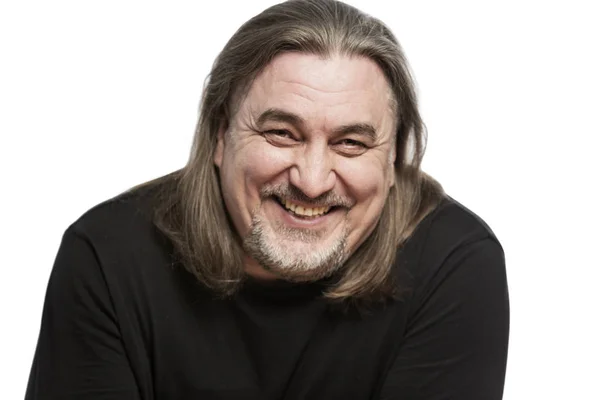 A middle-aged man with long hair laughs, close-up. Isolated on a white background — Stock Photo, Image