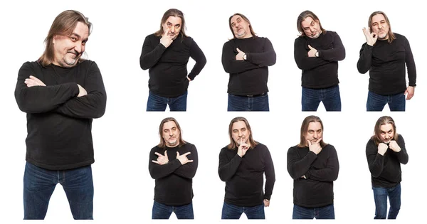 Um conjunto de fotos de um homem de meia-idade em várias poses e emoções. Uma colagem de isolados em imagens de fundo branco . — Fotografia de Stock