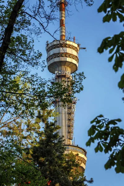 Piękny widok na wieżę telewizyjną w Ałmaty na tle jasnego błękitnego nieba. Pionowe. — Zdjęcie stockowe