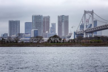Modern binaların ve nehrin üzerindeki köprünün güzel manzarası.