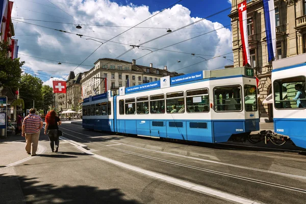 Zurich, Switzerland, 07/29/2016. Tram on the city street. Daytime.