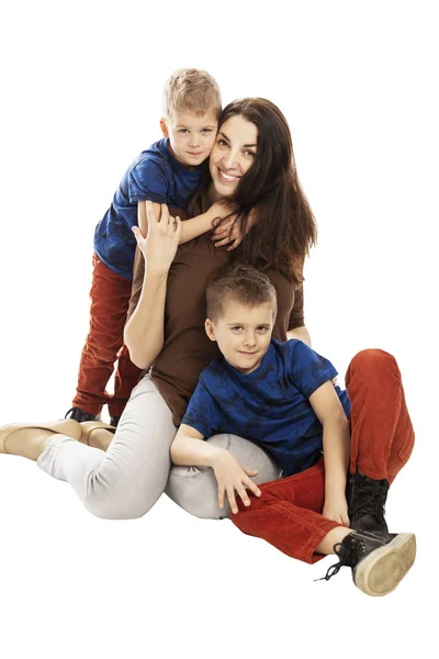 Mom and sons hug and smile. Tenderness and love. Isolated on a w — Stock Photo, Image