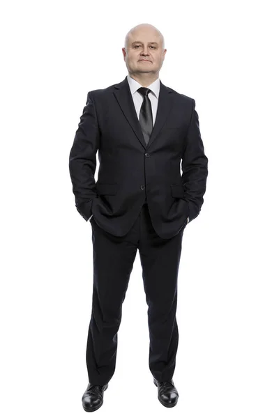 Glatzköpfiger Mann mittleren Alters im Anzug in voller Größe. isoliert auf weißem Hintergrund. — Stockfoto