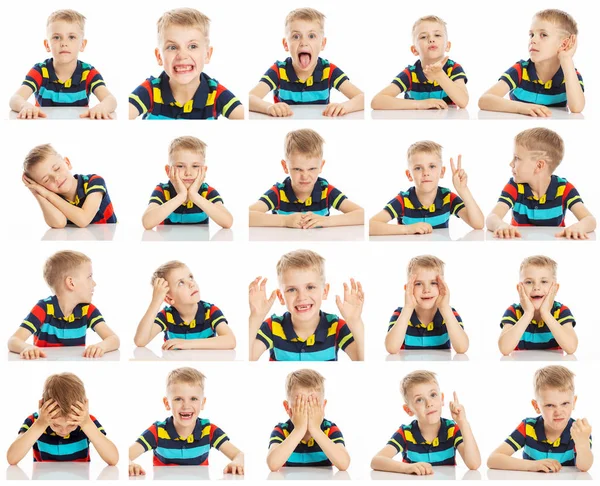 Set van emotionele beelden van een jongen met grote blauwe ogen in een heldere T-shirt. — Stockfoto