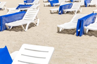 Halka açık bir plajda mavi şilteli beyaz şezlonglar.