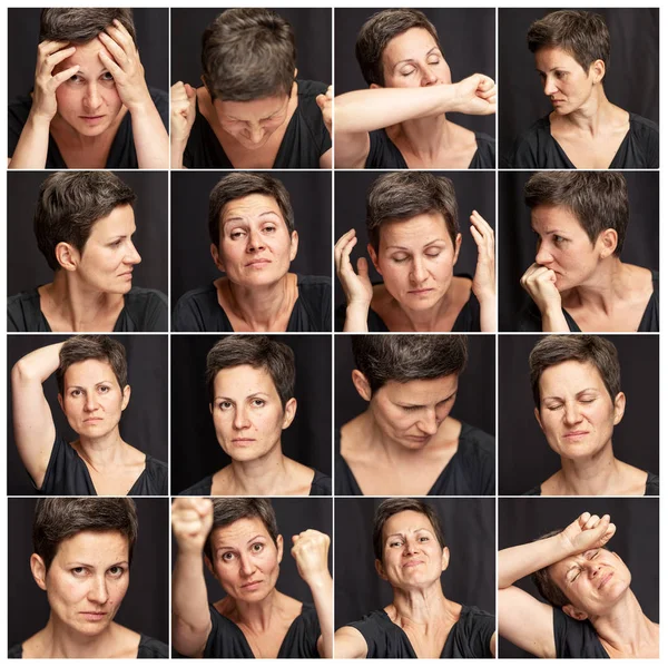 Set van negatieve emoties van een volwassen vrouw met korte en grijze haren. Zwarte achtergrond, close-up. — Stockfoto