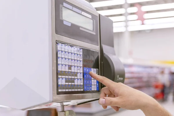 Electronic scales in the supermarket. Close-up.