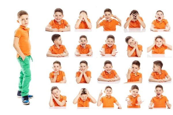 Gefühlvolle Porträts eines netten Jungen im Schulalter in heller Kleidung. Collage aus verschiedenen Fratzen. isolierter weißer Hintergrund. — Stockfoto