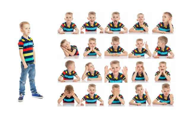 Set van emotionele portretten van een schattige school-Age jongen in heldere kleren. Collage van verschillende grimaces. Geïsoleerde witte achtergrond. — Stockfoto