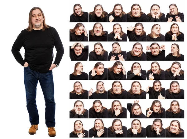 Set of images of a middle-aged man. Different emotions, collage. Isolated on a white background. — Stock Photo, Image