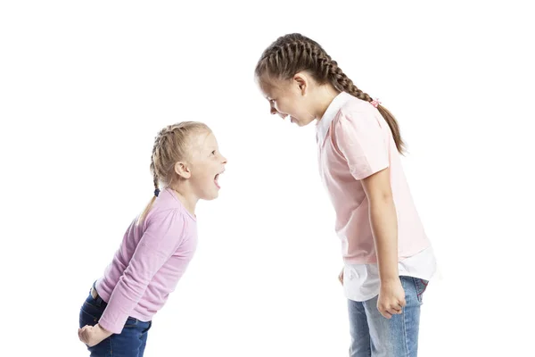 Kleine kinderen, vriendinnen in roze truien en jeans schreeuwen elkaar. Woede en stress. Geïsoleerd over witte achtergrond. — Stockfoto