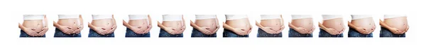 Crecimiento del abdomen de una mujer embarazada, primer plano. Conjunto de fotos de diferentes términos. Collage. Aislado sobre fondo blanco . — Foto de Stock