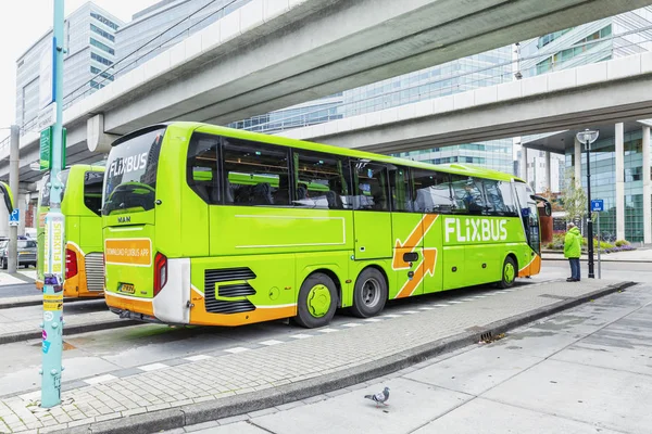 Amsterdam, Hollanda, 10 / 12 / 2019: İstasyondaki şehirlerarası otobüsler. Şehir manzarası.