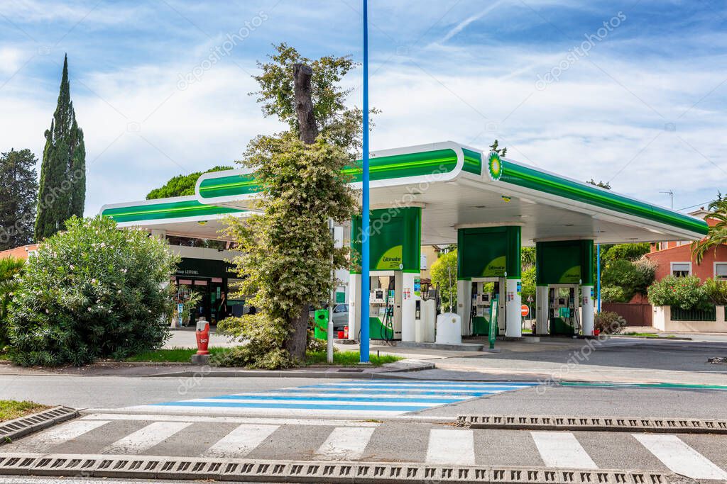Cannes, France, 10/06/2019: BP gas station in a small European resort town.