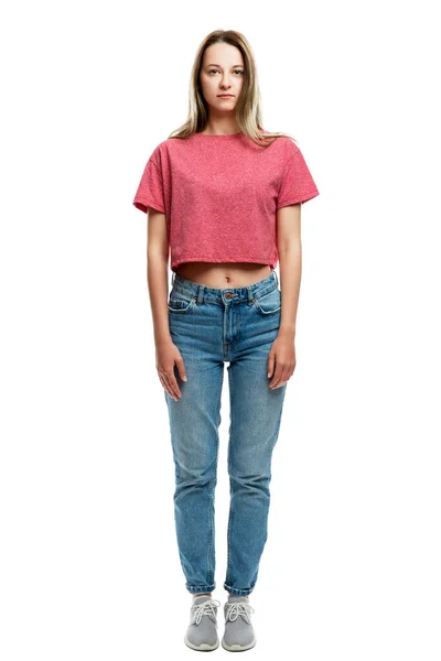 Serious Young Girl Red Tank Top Jeans Full Height Isolated — Stock Photo, Image