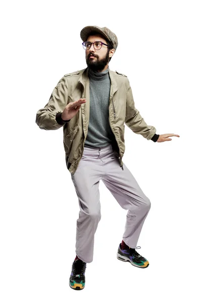 Scared Stylishly Dressed Young Man Glasses Beard Full Height Isolated — Stock Photo, Image