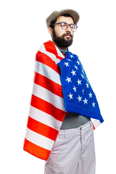 Młody Człowiek Brodą Czapką Amerykańską Flagą Odizolowany Białym Tle Dzień — Zdjęcie stockowe