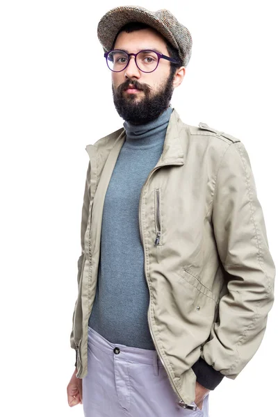 Stilvoller Junger Mann Mit Brille Und Bart Vereinzelt Auf Weißem — Stockfoto