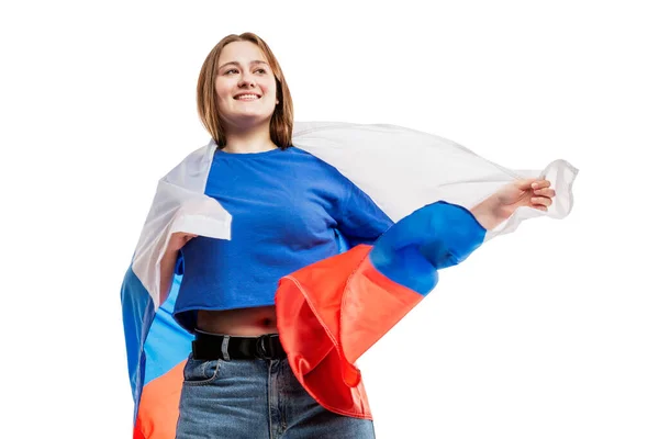 Lachendes Mädchen Mit Einer Russischen Flagge Feierlichkeiten Zum Unabhängigkeitstag Und — Stockfoto