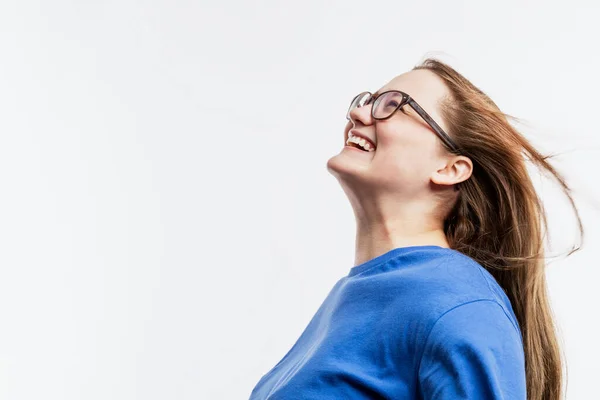 Laughing Young Girl Glasses Blue Shirt Happiness Joy White Background Stock Picture