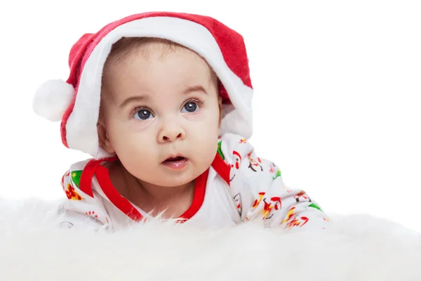 Infant Lies His Stomach Santa Claus Hat Surprised Funny Face — Stock Photo, Image