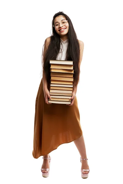 Een Jong Brunette Meisje Glazen Met Lang Haar Met Boeken — Stockfoto