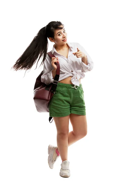 Beautiful Young Girl Long Hair Backpack Her Hands Smiling Brunette — Stock Photo, Image