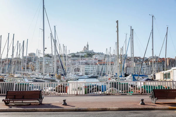 Embankment Vieux Port Avec Yachts Bateaux Marseille Tourisme Voyages Journée — Photo