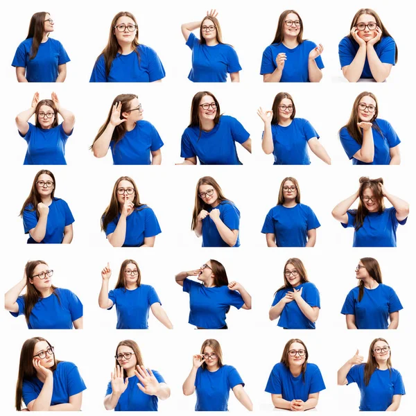 Uma Colagem Emocional Imagens Uma Jovem Óculos Uma Camiseta Azul — Fotografia de Stock